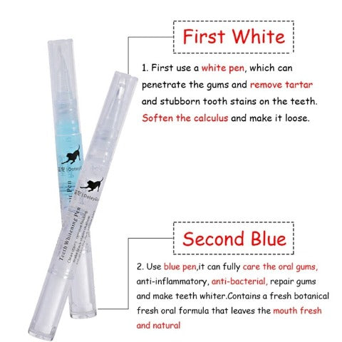 Instructions on how to use the Home Tartar Removal Kit'S blue and white pens