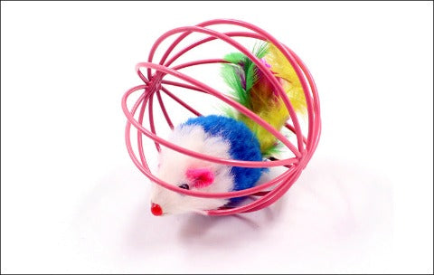 An Amusing In-Cage Feather Mouse Cat Toy in a Pink Cage