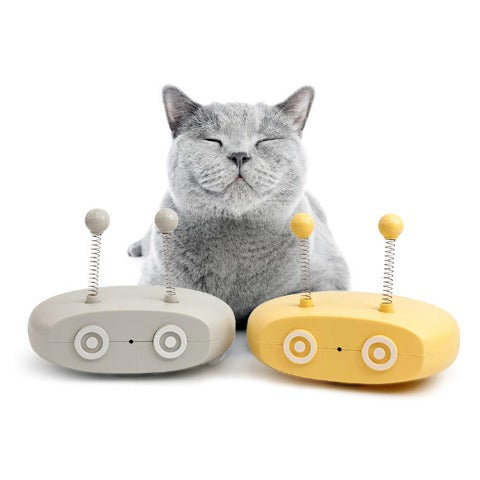 Cat Teasing Robot Laser Toy: Grey and Yellow and a cat