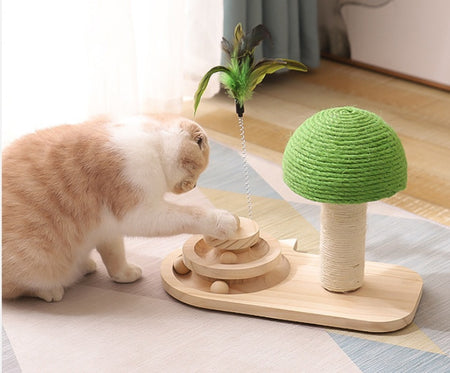 Wooden Cat Tower with Roller Toy and Ball