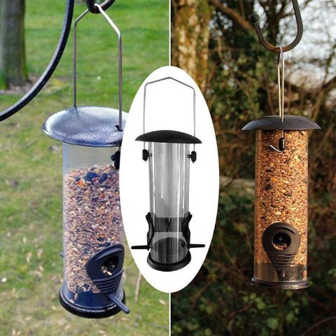 Automatic Outdoor Bird Feeder: full and empty