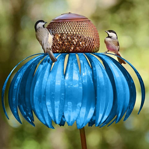 Blue Garden Petal Shape Bird Feeder with two birds