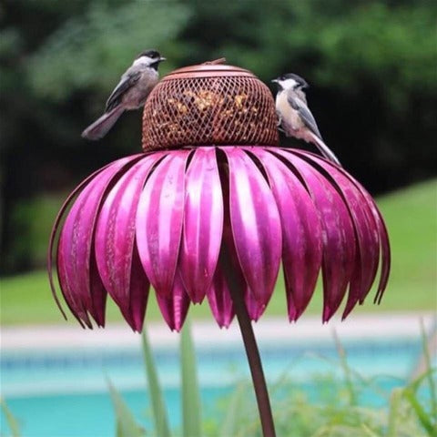 Pink Garden Petal Shape Bird Feeder and two birds