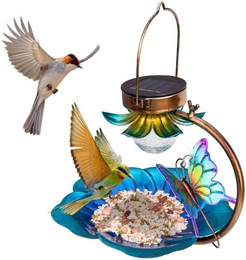 Beautiful Solar Energy Bird Feeder surrounded by two birds