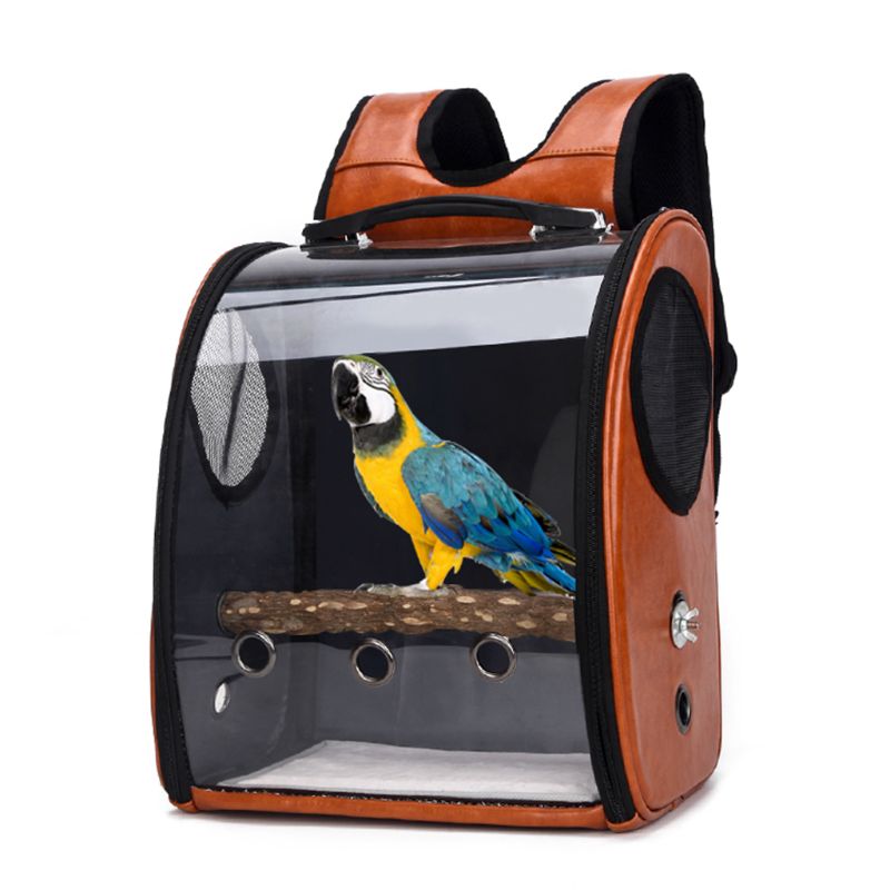 Orange Bird Cage Breathable Carrier Backpack with a parrot in it