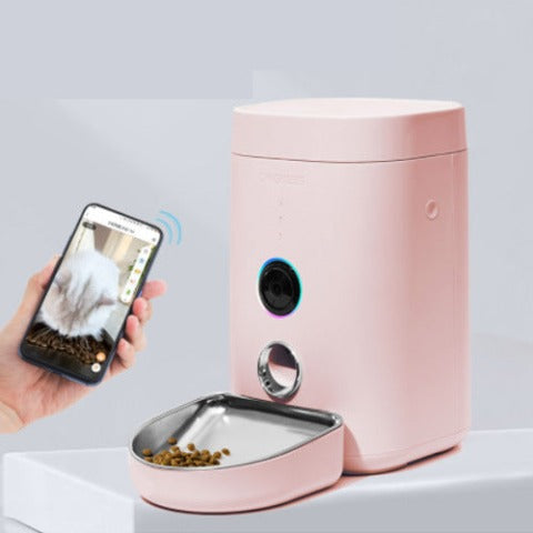 Pink Dog Feeder activated by a phone