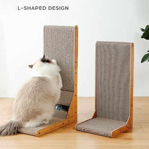 A cat scratching its claws on a Vertical Cat Scratch Pad, next to another to another L-shaped one