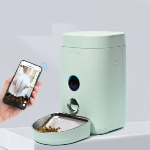 Green Cat Feeder activated by a phone