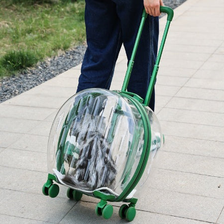 A person using a green Cat carrier on wheels as a suitcase