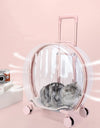 A pink Pet carrier with wheel with a car inside showing air coming in and out