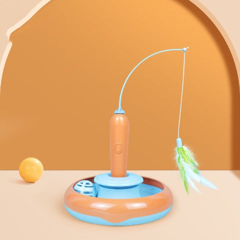 An orange-blue Toy Fishing Rod for Cats on orange background